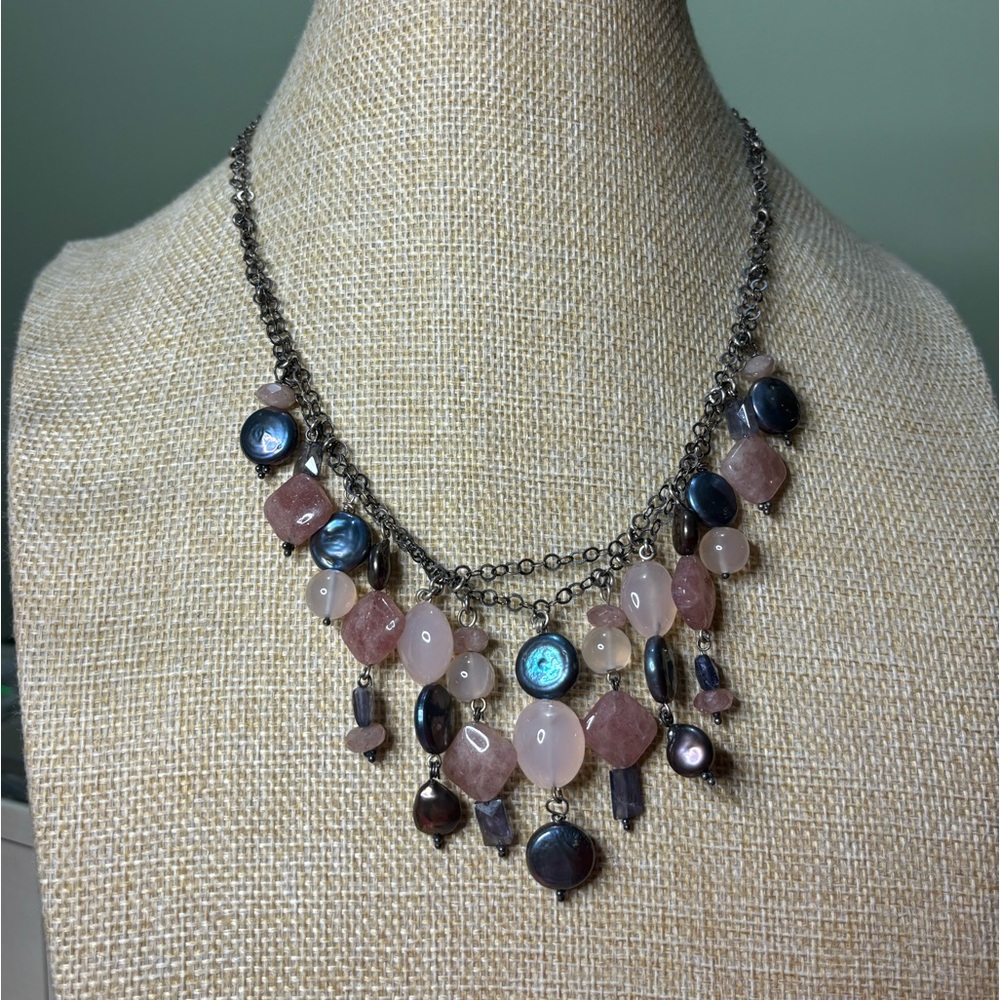 Sterling Silver VTG double-strand Stones, Glass, Freshwater Pearls Necklace